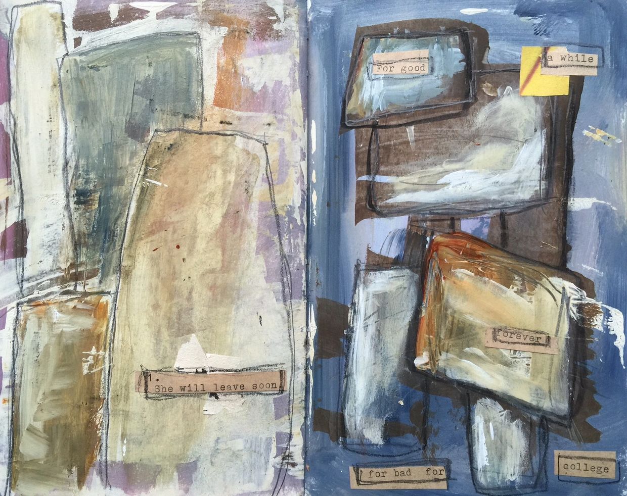 Abstract mixed media artwork with fragmented text about departure and time.