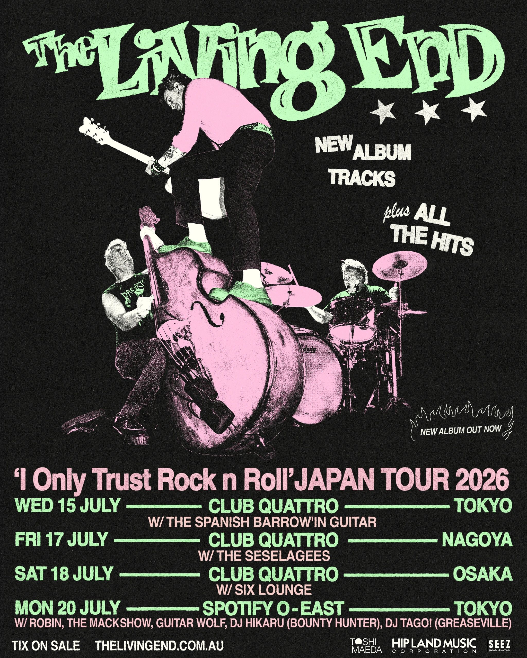 The Living End Japan Tour 2026 poster with band members and tour dates.