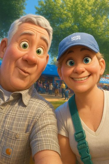 Animated characters smiling for a selfie outdoors at a fair.