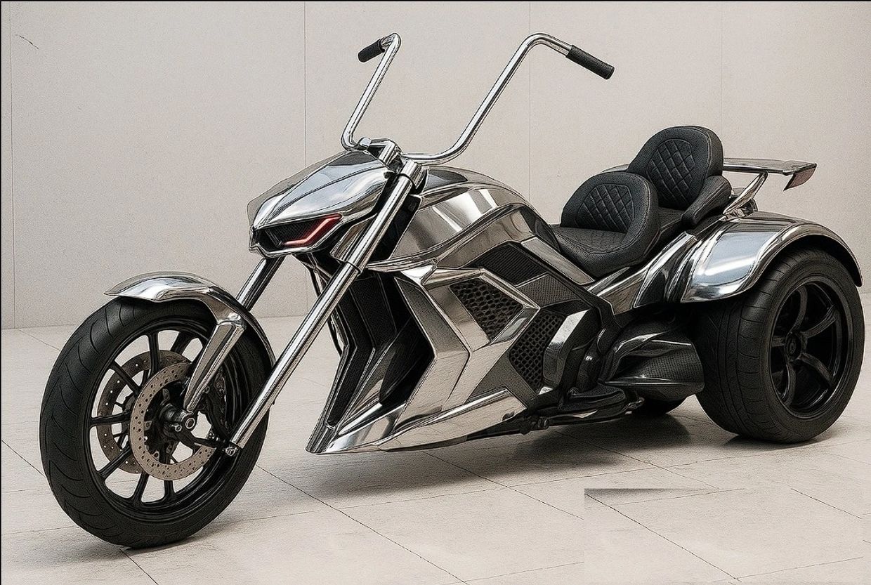 A sleek, futuristic metallic three-wheeled motorcycle with dual black seats.