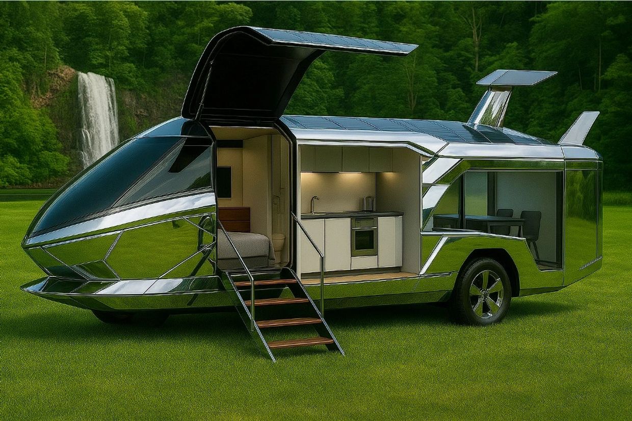 Sleek, futuristic camper with mirrored exterior and open kitchen door on green grass.