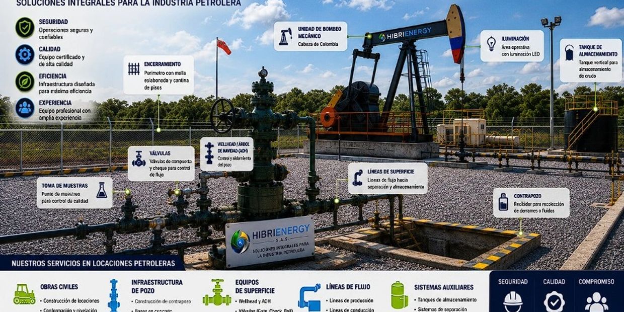 Infographic of an oil industry setup with labeled components and safety features.