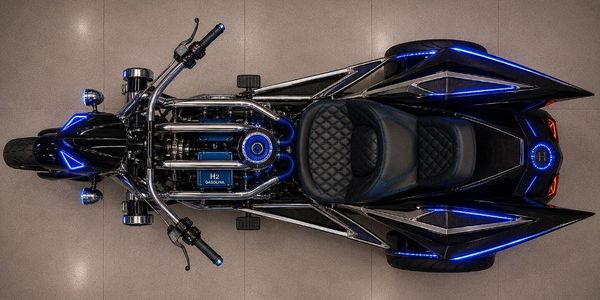 Top view of a futuristic black motorcycle with blue LED lights and plush seats.