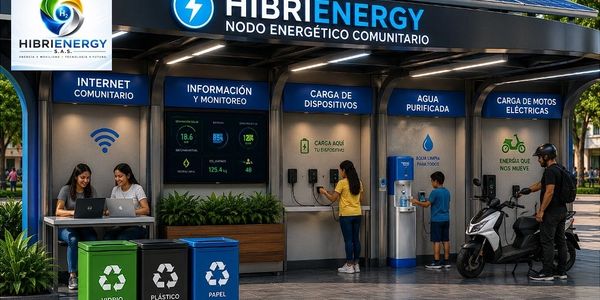 Community energy node offering internet, device charging, purified water, and electric motorcycle charging.