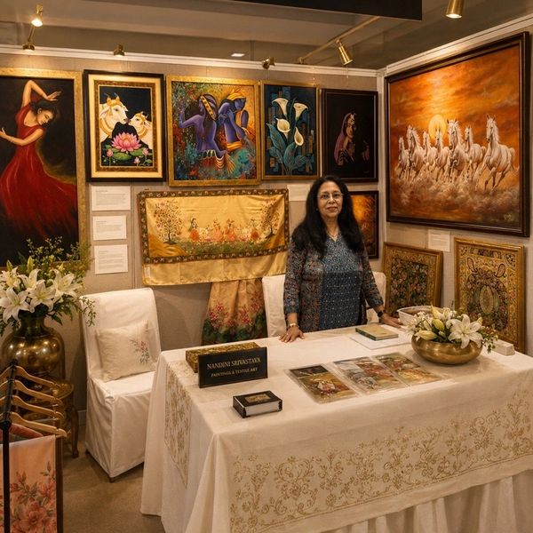 Artist Nandini Srivastava at her New Delhi exhibition, presenting her oil paintings, murals, and han