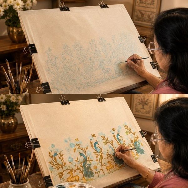 Artist Nandini Srivastava painting floral and peacock motifs on silk for Soleil & Silk
