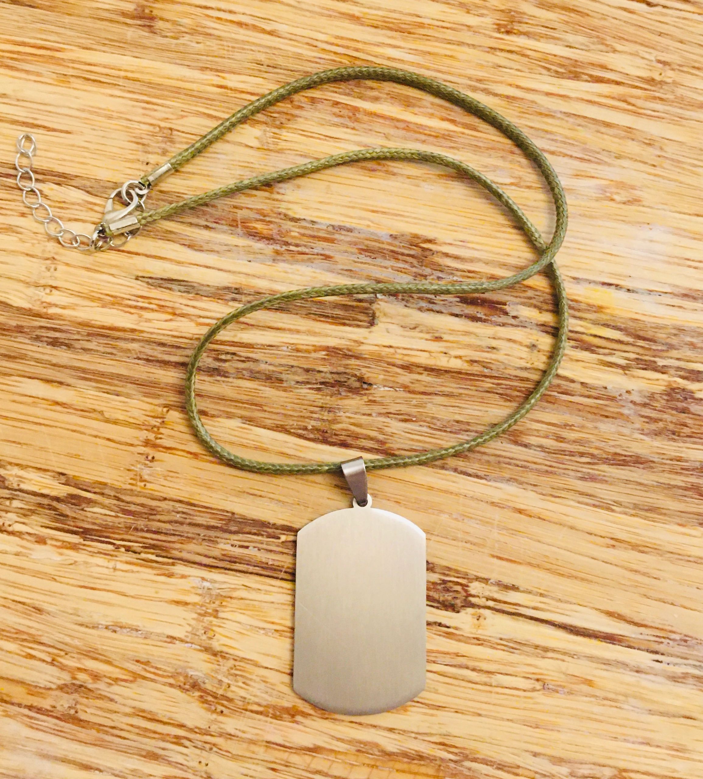 Military Style Dog Tag with Green Rope Necklace.