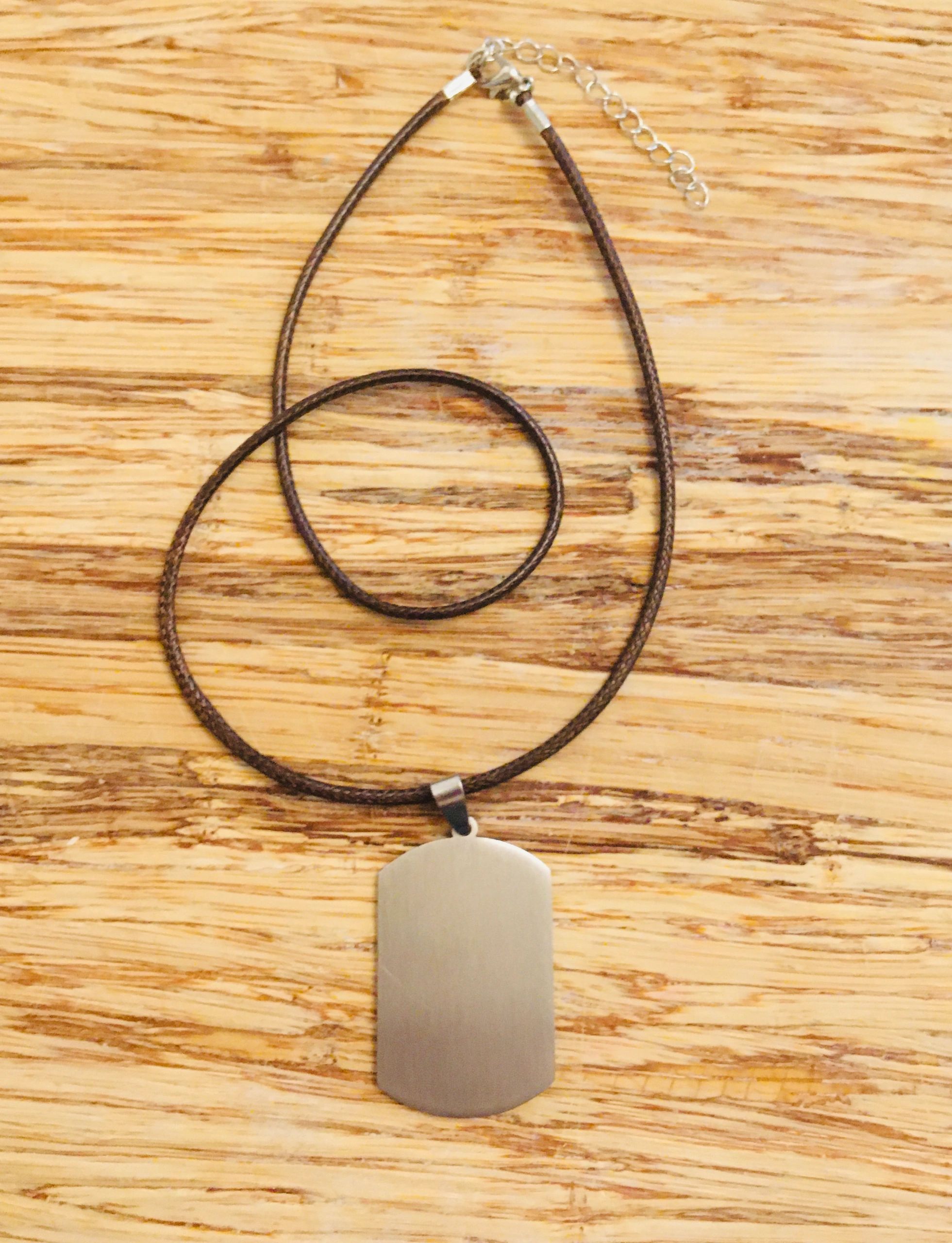 Military Style  Dog Tag with Brown Rope Necklace.