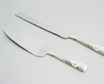 2 PC Brushed Silver  Knife and Cake Server Set w/ Double Hearts on Handles