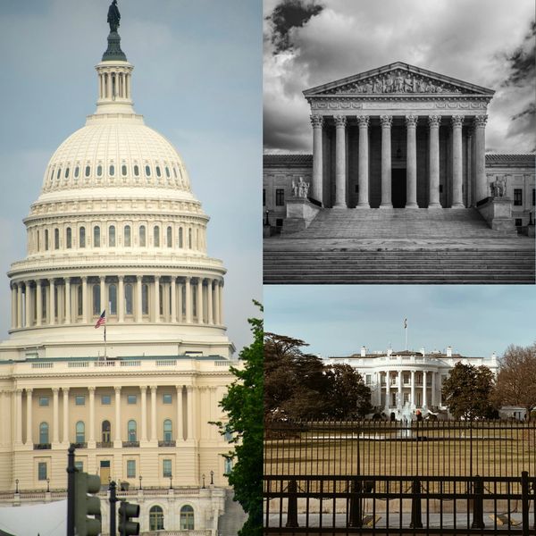 Iconic U.S. government buildings: Capitol, Supreme Court, and White House.