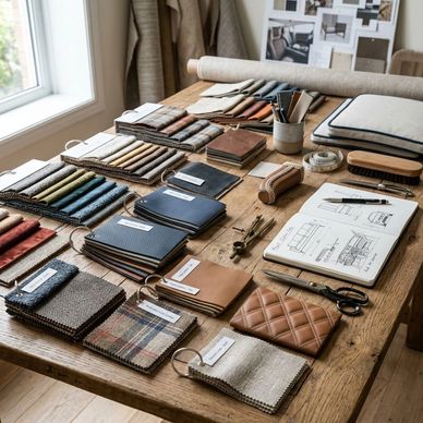 A variety of fabric swatches and design tools on a wooden table.