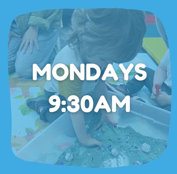 Child playing with sand and shells, event on Mondays at 9:30 AM.