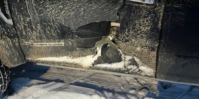 Driver side door, damaged, passenger side door, damage back window blown out