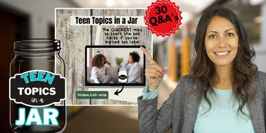 Kathleen pointing to a computer of a mom and daughter talking with Teen Topics in a Jar & 30 Q&A's