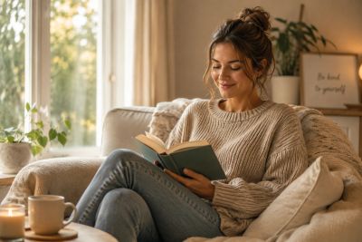 Woman reading a book on a cozy couch.