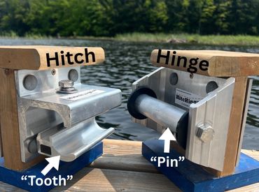 Hitch and hinge parts labeled on a metal joint by water.