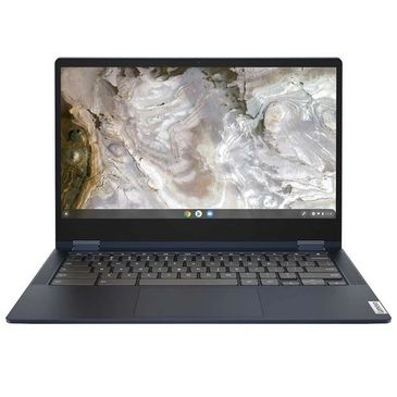 Slim, dark blue laptop with a nature-themed wallpaper on the screen.