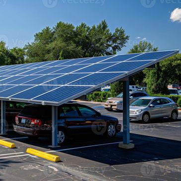 Solar panels installed as a carport in a parking lot with cars parked underneath.