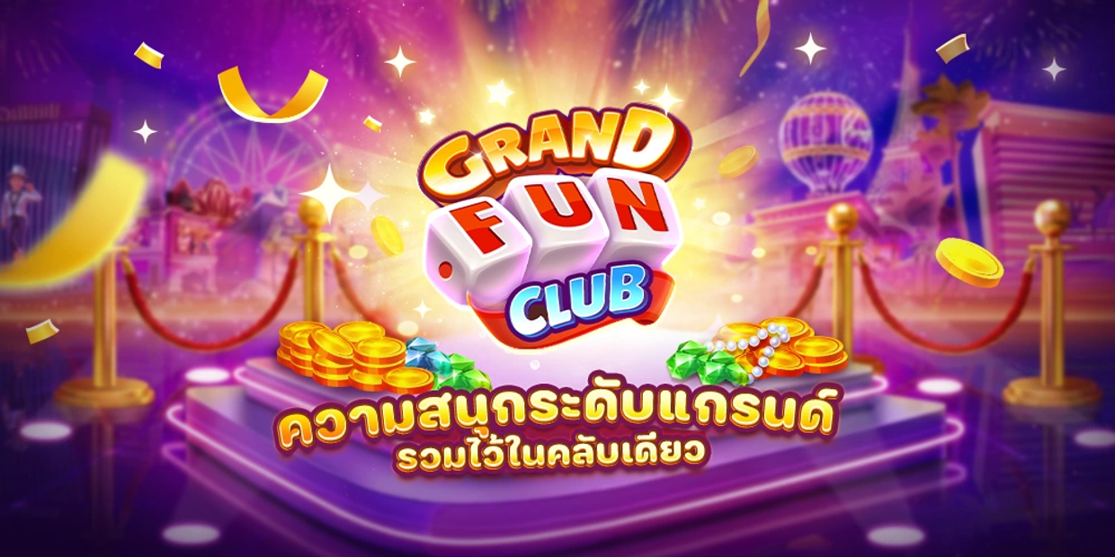 Grand Fun Club logo with coins and gems in a vibrant casino background.