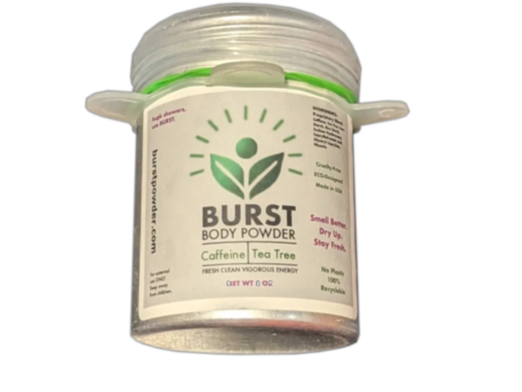 Burst body powder shaker with silicon lid and rubberband. 