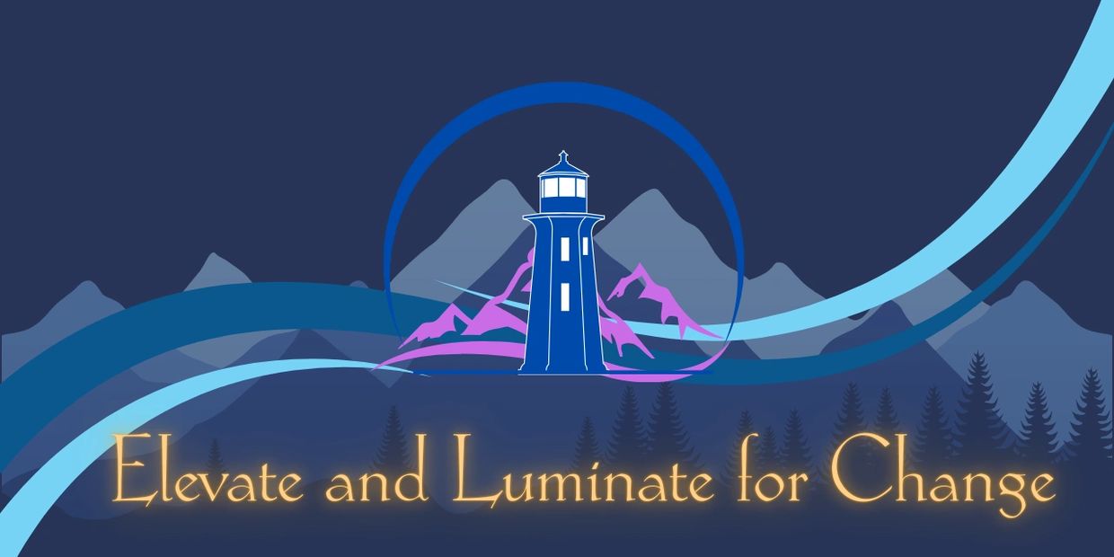 Elevate and Luminate for Change logo of a lighthouse in front of mountain peaks 