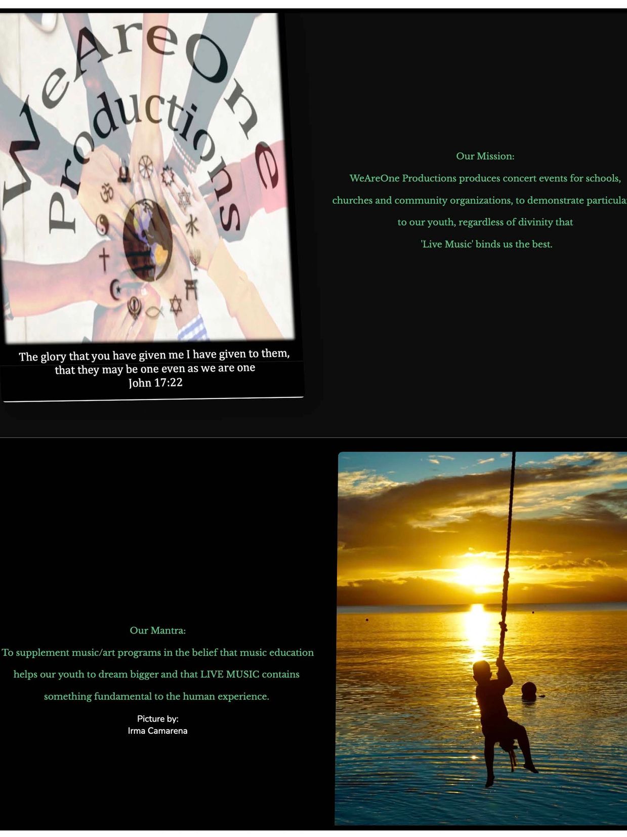 Children playing on a rope swing over water at sunset with a mission statement about unity and music education.