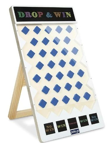 A wooden Drop & Win game board with blue pegs and win/no win slots.