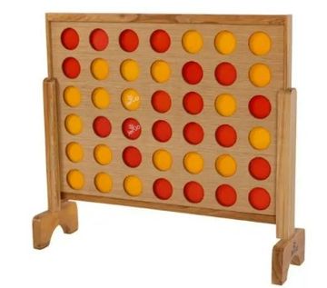 Wooden Connect Four game with red and yellow discs in play.