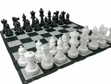 A chessboard set with black and white pieces arranged for play.