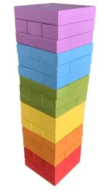 Stacked colorful wooden blocks in a tower shape.