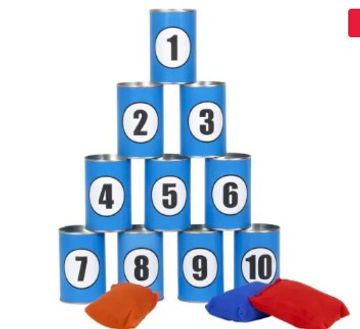 Tin cans numbered 1 to 10 stacked in a pyramid with colored bean bags.