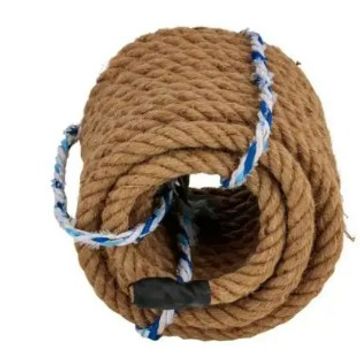 Coiled natural fiber rope with blue and white accents.