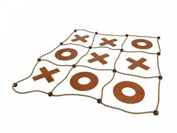 A tic-tac-toe game board with wooden X and O pieces on a rope grid.