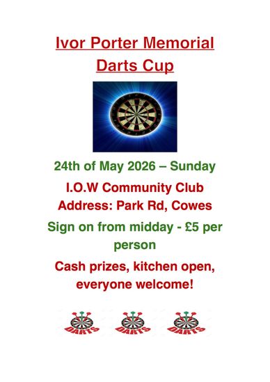 Flyer for the Ivor Porter Memorial Darts Cup event in May 2026 with details and prizes.