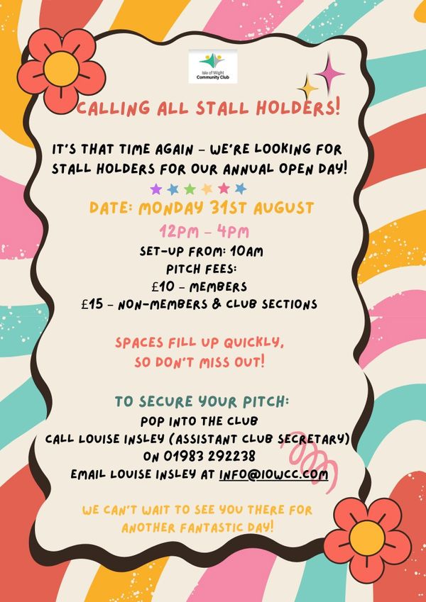 Colorful flyer inviting stall holders for an annual open day event on August 31st.