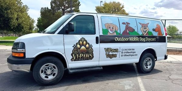White van advertising VIPaws Vegas outdoor mobile dog daycare.