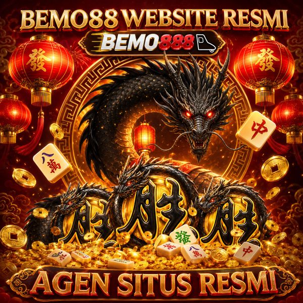 Vibrant Asian-themed banner with dragons, gold coins, and lanterns promoting BEMO88 official website.