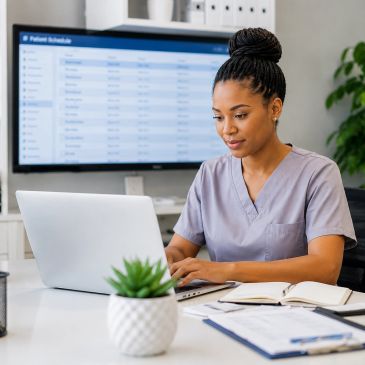 Healthcare professional working on a laptop.