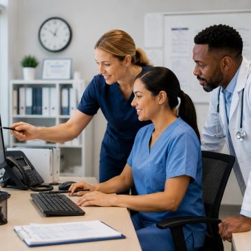 Medical team collaborating at computer.