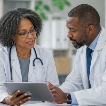Two doctors discussing a tablet screen.