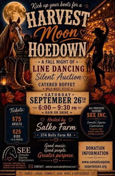 Harvest Moon Hoedown flyer with event details and rustic design.