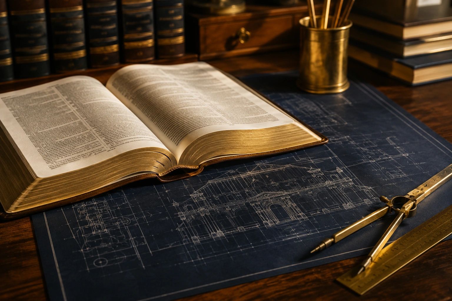 Old book on architectural blueprints with drawing tools.