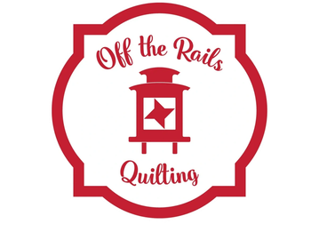 Logo for Off the Rails Quilting with a red lantern and decorative border.