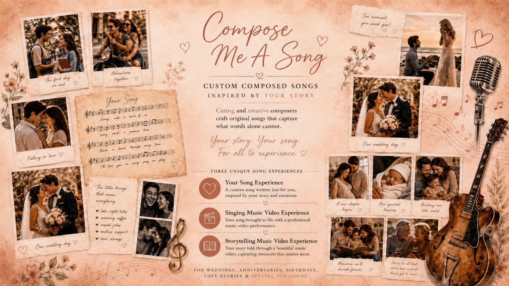 Custom composed songs inspired by Your Story.  

Your Story, Your Song, Your Experience