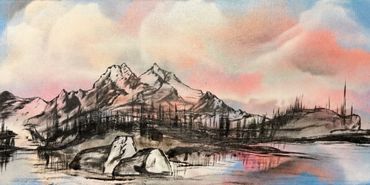 A serene mountain landscape with a pastel sky and reflective water.
