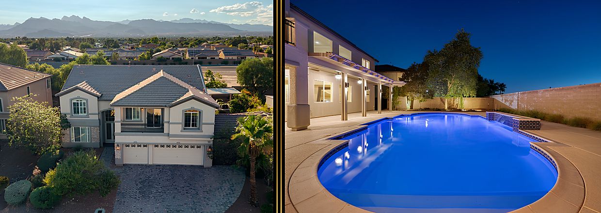 Luxury home front view side-by-side with huge backyard in-ground pool