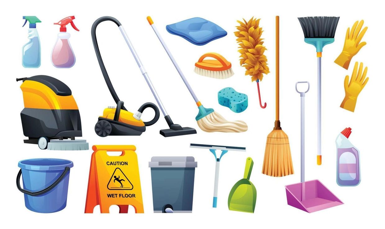 Various cleaning tools and supplies including vacuum, mop, broom, gloves, and bucket.
