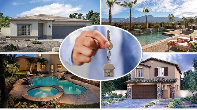 Realtor holding keys to home surrounded by home images of garage spa pool 