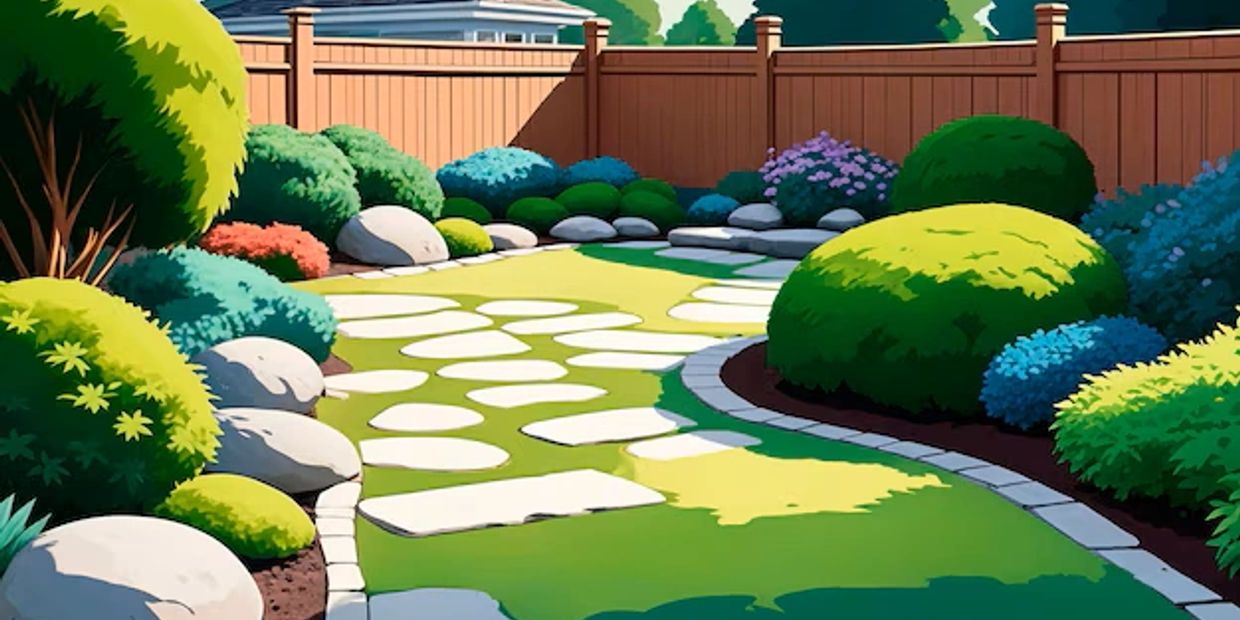 A vibrant garden path with stone slabs and colorful bushes under bright sunlight.