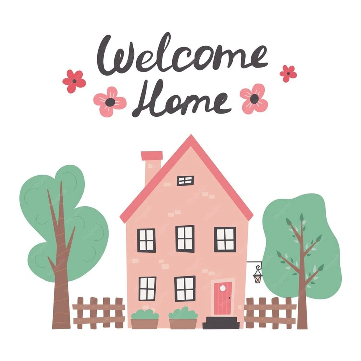 Graphic art image of old style home with two trees and the words welcome home